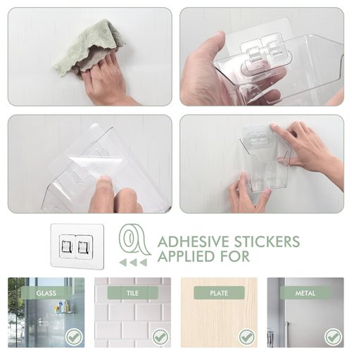 Clear Adhesive Wall Storage Bins, M Size 4 Pack Cabinet Door Organizer Holders, Hanging Wall Mount Pockets, Plastic Cups for Shower Bathroom Makeup Office Craft Remote Kitchen Sink RV Organization