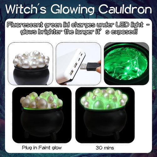 AmazingSpark Halloween Witches Cauldron Pen Holder Glow in The Dark Bubbling Witches Cauldron Pot Makeup Brush Pencil Holder for Gothic Desk Decor Halloween Desk Organizer for Spooky Gifts