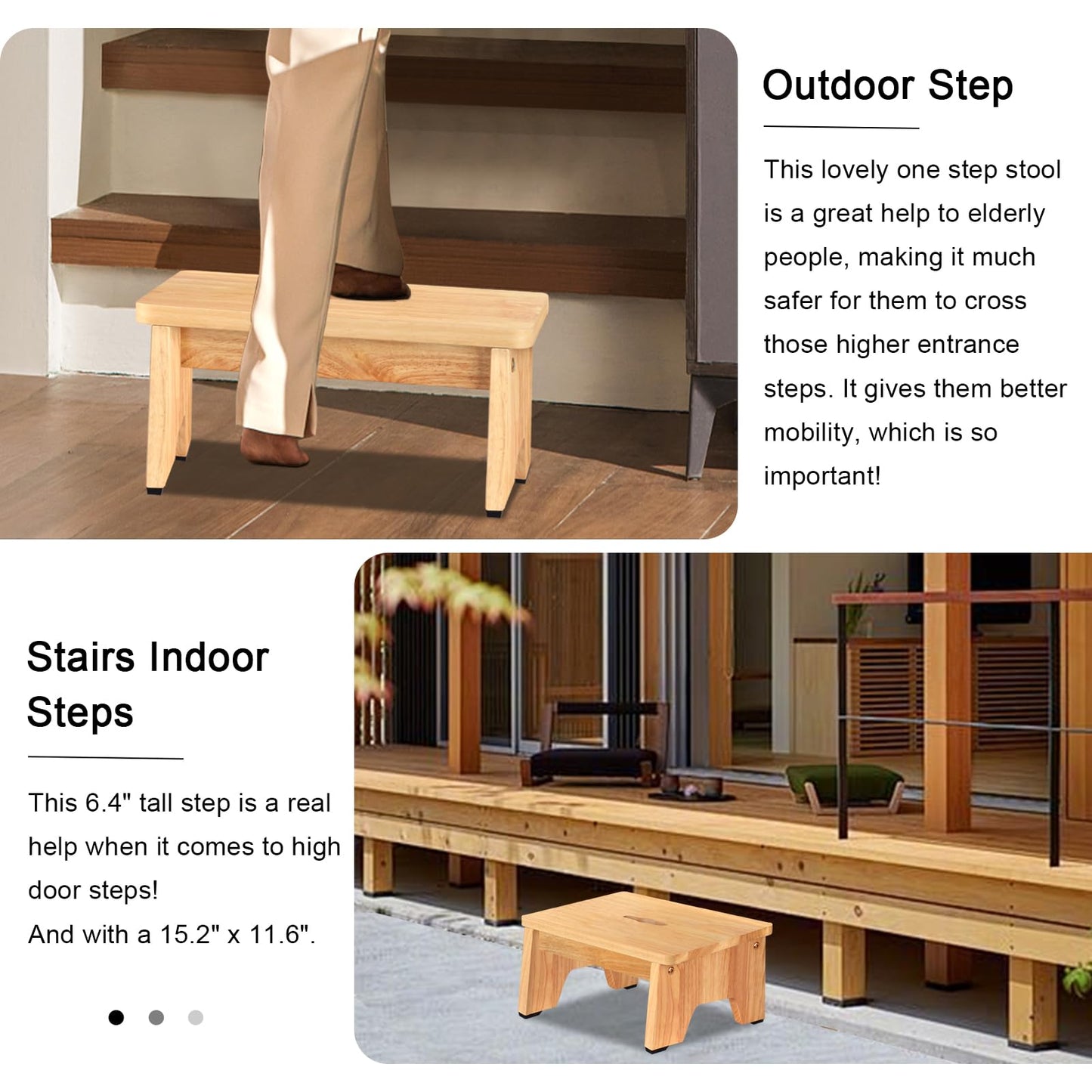 Wooden Step Stool, 6.5 inch One Step Stool for Adults, 550 LBS Capacity Wooden Beside Stepping Stool, Heavy Duty Sturdy Step Stool, Nonslip Safe Step Stool for Bed, Bedroom, Kitchen, Office, Wood