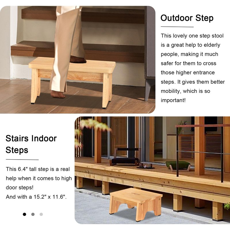 Wooden Step Stool, 6.5 inch One Step Stool for Adults, 550 LBS Capacity Wooden Beside Stepping Stool, Heavy Duty Sturdy Step Stool, Nonslip Safe Step Stool for Bed, Bedroom, Kitchen, Office, Wood