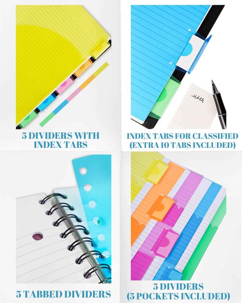 MOWEE Spiral Notebook - 5 Subject Notebook, College Ruled Notebook 3-Hole Punched With Dividers, Storage Pockets, 11" Ruler, 200 Pages, for Writing Journal, Home &Office, School Supplies(3pack)