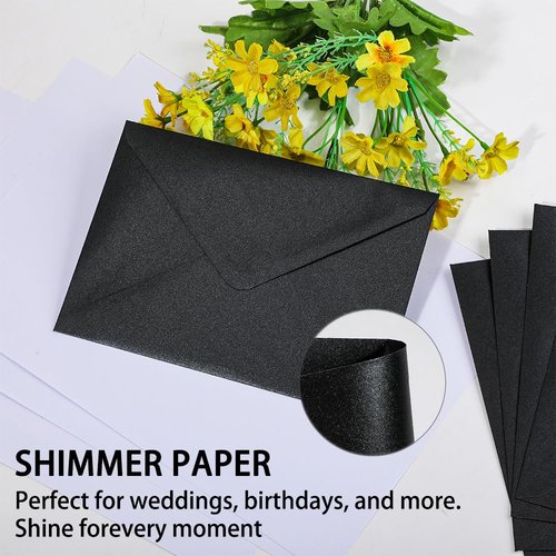 UoeRing A7 Self-Sealing Black Envelopes 50 Pcs - 5x7 Inches (5.31×7.67in) Premium 120g Pearl Glitter Paper - Printable & Writable for Wedding, Party Invitations - Includes Gold Sealing Stickers