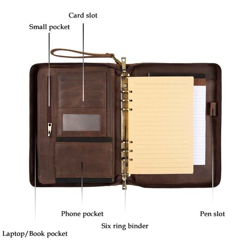 GZRHKJ A5 Genuine Leather Portfolio, 6 Ring Binder Notebook Portfolio, Refillable Planner with Binder Pockets (Standard,Dark Khaki)
