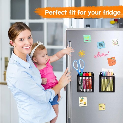 Magnetic Pencil Holder - Extra Strong Magnets Mesh Marker Holder Perfect for Whiteboard, Refrigerator and Locker Accessories (1 Basket, 2 Packs Black)