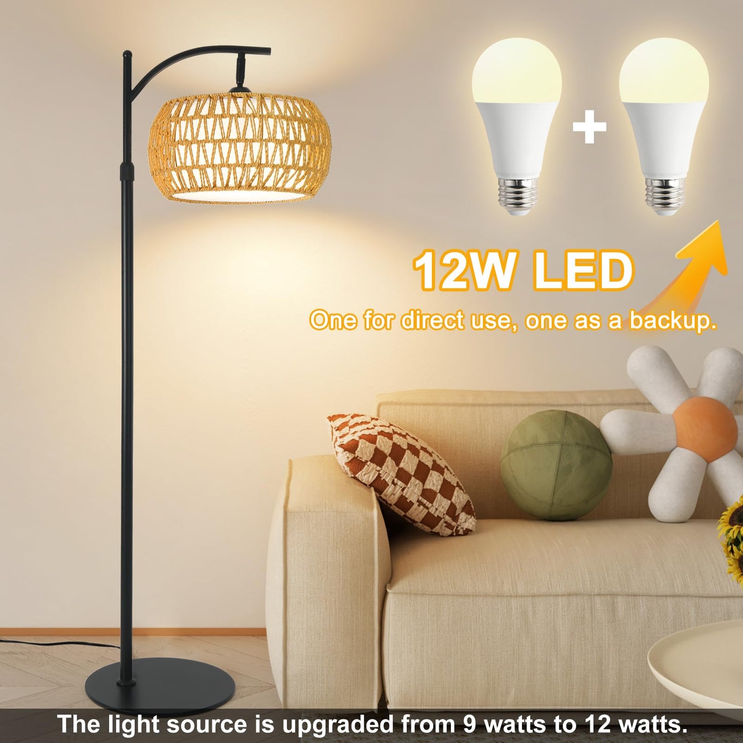 DRAWNCAT Boho Rattan Floor Lamp with Shade – 12W Bright Dimmable LED Bulb, Remote Control 3 Color Temperatures, Modern Farmhouse Handwoven Arc Standing Light for Living Room Bedroom