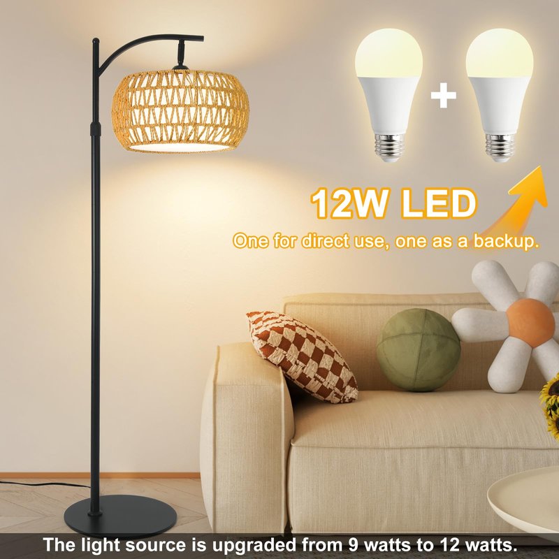 DRAWNCAT Boho Rattan Floor Lamp with Shade – 12W Bright Dimmable LED Bulb, Remote Control 3 Color Temperatures, Modern Farmhouse Handwoven Arc Standing Light for Living Room Bedroom