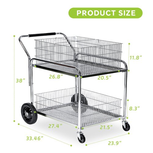 File Cart with Wheels. Heavy-Duty Steel Mail Cart, for Home Office, Laundry, Grocery, Shopping, Restaurant, 23.9" D x 33.46" W x 38" H