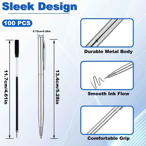Enjamyo 100 Pcs Ballpoint Pens Bulk,Slim Metal Retractable Ballpoint Pens,1 mm Medium Point Smooth Writing Pen for Wedding Business Teachers Office Supplies,Black Ink (Silver)