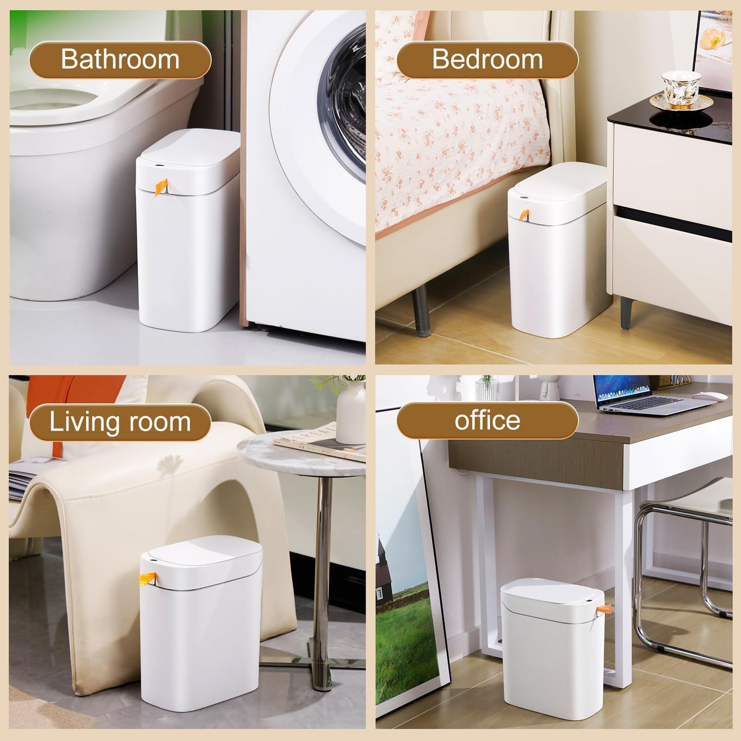 MOPALL Rechargeable Bathroom Trash Can,Motion Sensor Trash Can Automatic Touchless,White 3.5 Gallon Smart Garbage Can with Lid,Auto-Adsorption Slim Small Waste Basket for Bedroom,Bathroom,Kitchen