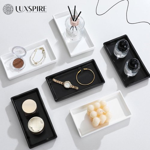 Luxspire Bathroom Vanity Tray - Mini Soap Dispenser & Ceramic Perfume Dish | White Trinket Holder