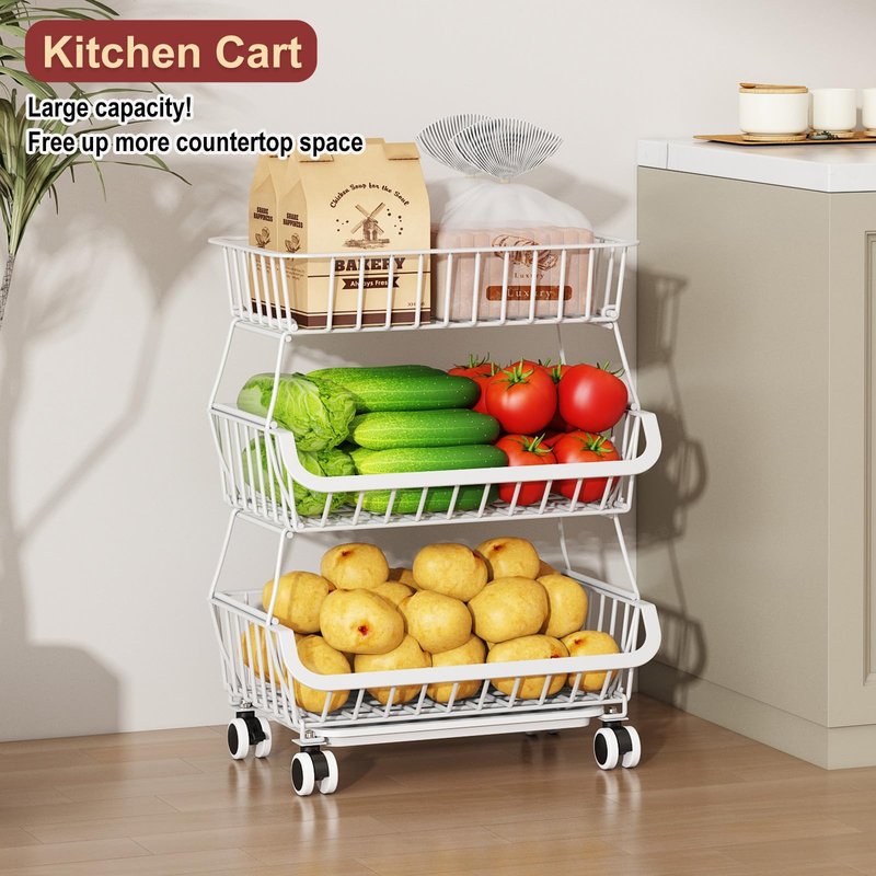3-Tier Rolling Pantry Cart with Wheels, Stackable Wire Storage Floor Organizer for Kitchen Pantry Snack Shelves, Fruit Basket Stand, Vegetable Storage Rack for Food Snacks Onion Potato, White