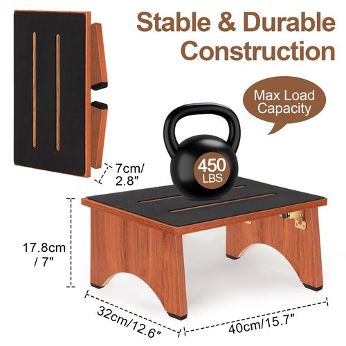 Step Stool Foldable, Wooden Step Stool with Non-Slip Rubber Stepping Feet, Folding Platform Step Stools for Adults Seniors in Kitchen, Home, Bedroom, Office, Rv, Easy to Carry,450 LBS Capacity (Brown)