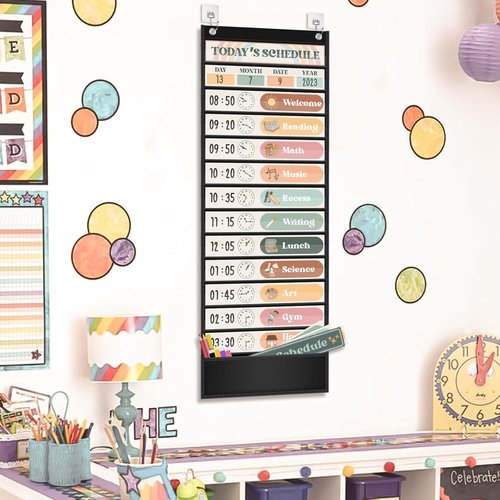 Godery Daily Schedule Pocket Chart - Boho Theme Classroom Decor for Pre-K to Grade 6 | Black