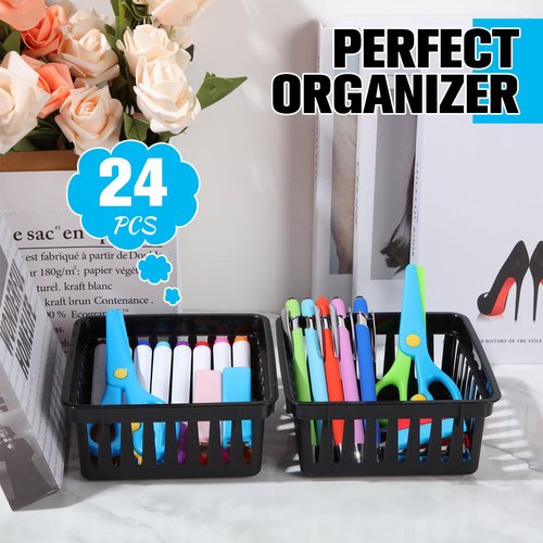 Tatuo 24 Pcs Classroom Small Plastic Baskets Bulk Storage Baskets for Organizing Crayon Pencil Containers Organizer Bins for Back to School Gift Office Desk Drawer Home, 5.31 x 5.31 x 2.44 Inch(Black)