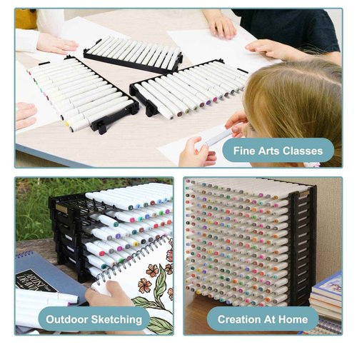 12 Layers Universal Marker Storage Trays, Penholder Display for 180 Pens SN01 Pencil Organizer Holder for Desk (Black-12 layers)