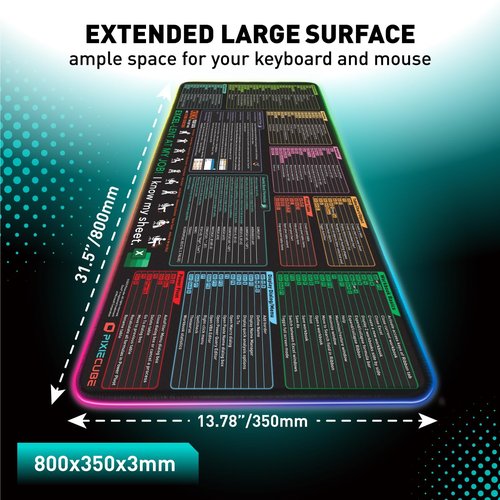 Excel Shortcut Keys LED Mouse Pad - Colorful RGB Luminous Extended Large Cheat Sheet Gaming Mousepad| PC Office Spreadsheet Keyboard Mat| Non-Slip Stitched Edge