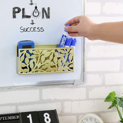 MyGift Magnetic Dry Erase Marker Holder Brass Metal for Whiteboard,Dry Erase Markers and Accessories Storage Basket Organizer with Floral Cutout Design