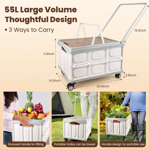 Collapsible Rolling Crate with Wheels, Foldable Utility Cart with Wooden Cover, Mobile Folding Cart for Teacher, Shopping, Camping, Office - 55L