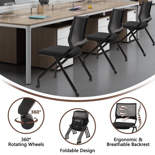 CLATINA Stackable & Foldable Chairs with Wheels, Reception Guest Chairs with Lumbar Support, Ergonomic Mesh Back Folding Chair for Office Meeting Schools Training Conference Waiting Room, Black