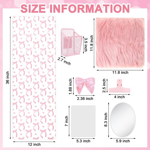 Newtay 14 Pcs Pink Locker Accessories Kit - Magnetic Locker Organizer Decorations with Bow Wallpaper, Mirror, Whiteboard, Dry Erase Pen, Pen Holder, Area Rug, Clips, Magnets for Dorm Office Gym