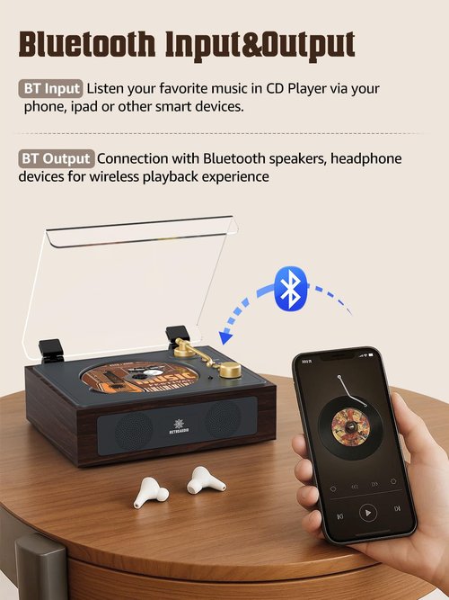 CD Player with Built-in Speakers Bluetooth Retro Portable CD Players for Home Music Player with Remote Control Headphone Jack Walnut Brown