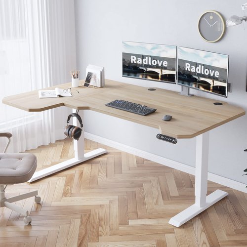 Radlove 59-Inch Large Electric Height Adjustable Computer L-Shaped Desk with Memory Controller Corner Standing Desk Modern Workstation with Splice Board Ergonomic Desk (White Frame + Oak Top)