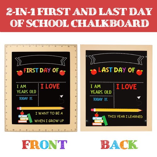 First and Last Day of School Board - First Day of School Sign with Wooden Ruler Frame - 1st Day of Kindergarten Preschool Chalkboard Photo Prop - Back to School Gifts for Kids Girls - 13 x 11 Inch