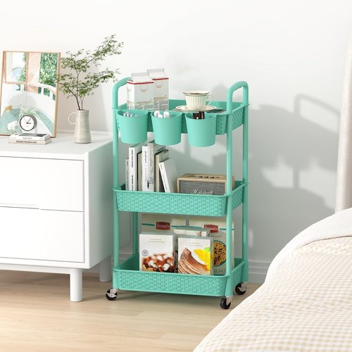MOYIPIN 3-Tier Rolling Utility Cart - Versatile Storage Organizer for Office, Kitchen & Living Room - Turquoise with 3 Hanging Cups