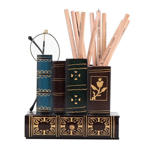 VERGOODR Decorative Pencil and Pen Holder with Storage Drawer, Wooden Desk Organizer Caddy, Antique Library Books Design Pen Cup for Office Supplies, Countertop, Desk,Table (Red)