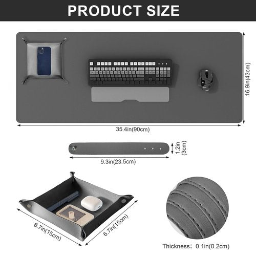 DAWNTREES Dual Sided Desk Mat,Leather Desk Pad,35.5"x17",Cork Desk Mat Protector,with PU Leather Valet Tray Organizer,Large Mouse Pad,Desk Writing Pad for Office and Home(Dark Gray)