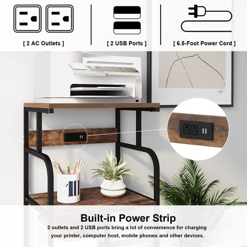 VEDECASA Large Printer Stand Cart with Charging Station USB Port 21.2"x15.7"x42.3" Rolling Tall 3-Tier Printer Stand with Adjustable Shelf Storage Home Office