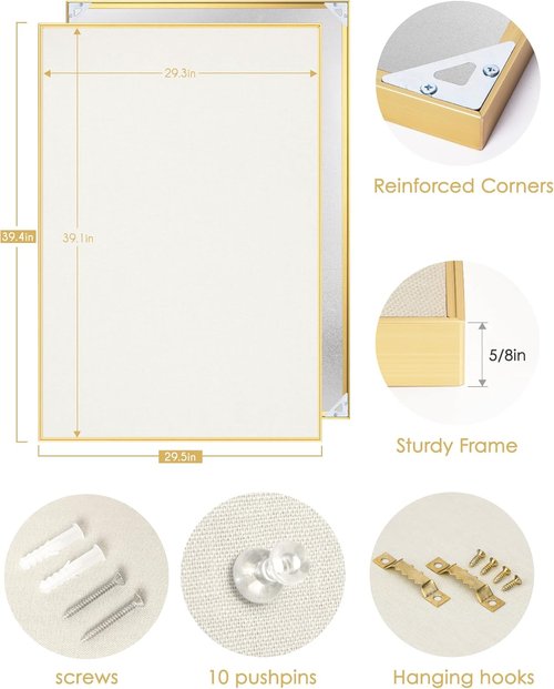 Lightomorrow Bulletin Board - 40 x 30 Inches Oatmeal White Fabric Cork Board with Golden Frame & 10 Push Pins