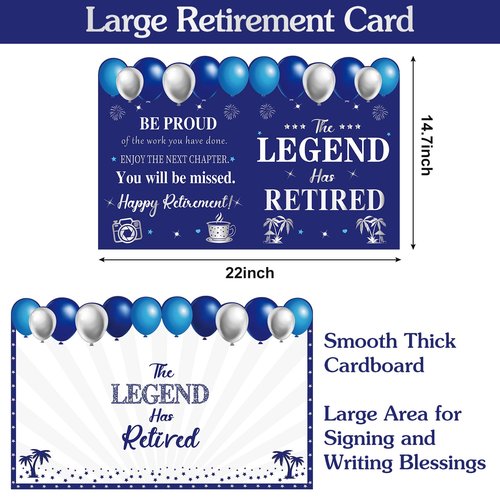 Uiorgui Retirement Card for Man Woman, Blue Silver Large Retirement Card for Signing Jumbo The Legend Has Retired Guest Book Greeting Cards with Envelope Retired Decorations Gift