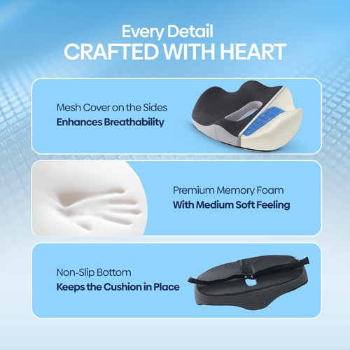 Orthopedic Gel Memory Foam Seat Cushion with Cooling Gel - Medium Size - Ergonomic Tailbone Relief for Coccyx, Sciatica, Lower Back – Non‑Slip Office Chair/Gaming Seat Pillow