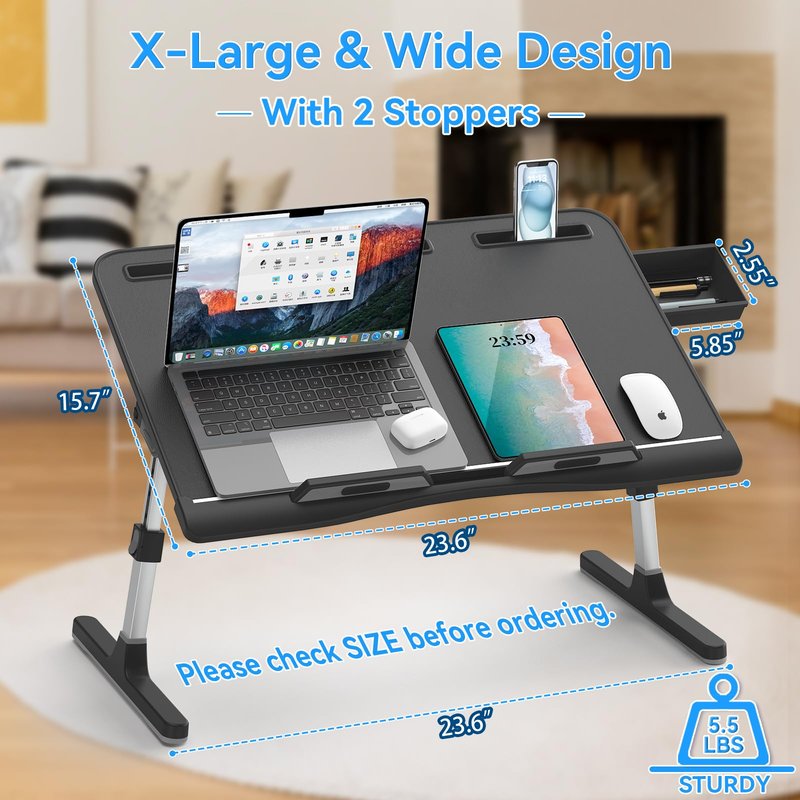 EVETTO Laptop Bed Desk, X-Large Leather Adjustable Computer Bed Table Tray, Foldable Laptop Lap Desk for Bed Sofa Couch Floor Writing Eating Working with Drawer 2 Movable Stoppers (23.6 inch, Black)