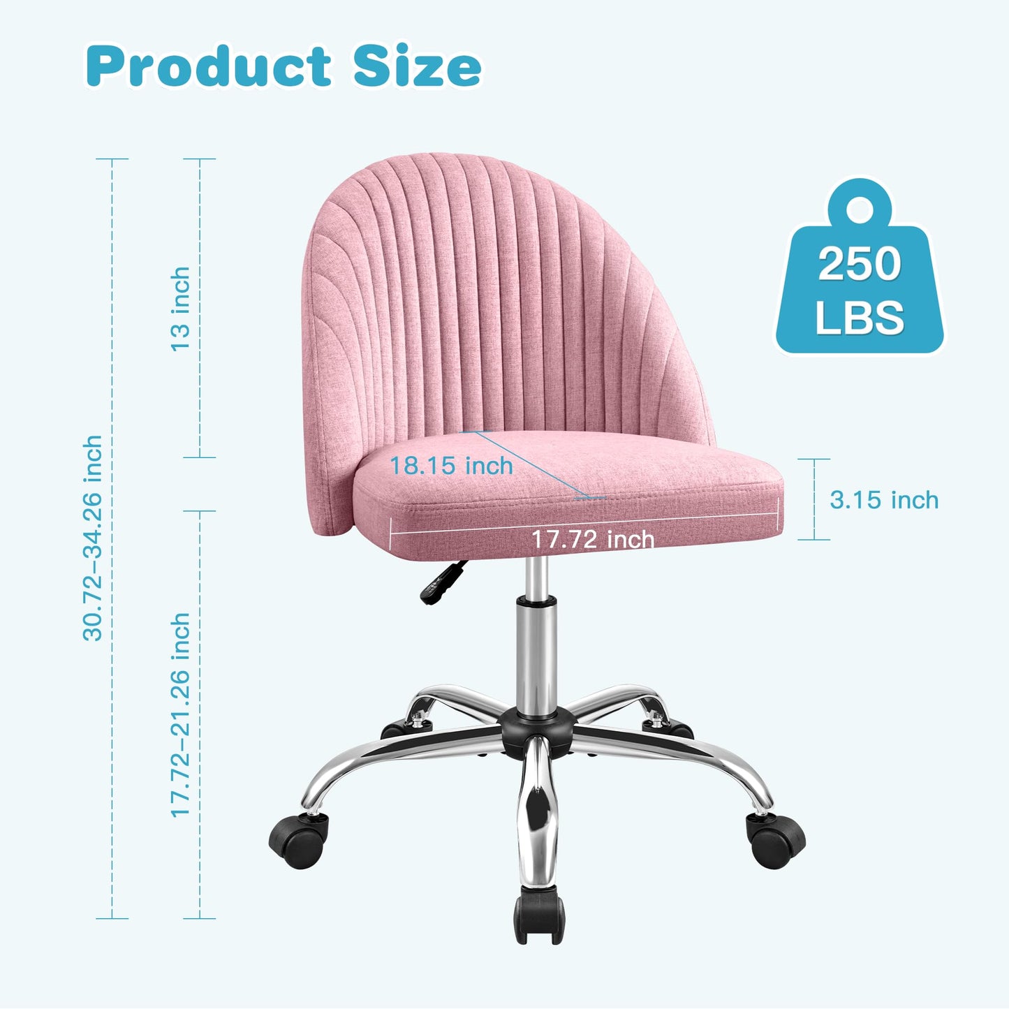 Furniwell Office Chair Armless Cute Desk Chair Modern Adjustable Swivel Vanity Task Computer Chair Home Office Desk Chairs with Wheels (Fabric, Pink)