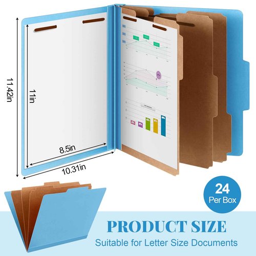 Skyygemm 24 Pcs Classification Folders Letter Size, 3 Divider Pressboard File Folder with Fasteners, Expanding File Organizer Bulk for Teachers, Clergy, Office, Church, Christmas Donations (Blue)