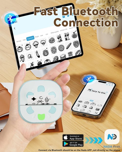 NDYIN Sticker Printer, PrintPods Mini Printer, Bluetooth Portable Sticker Maker with 3 Rolls Paper, Print Pod Inkless Thermal Printers for iphone, Impresora Portรกtil for Notes, Journal, DIY, Kids Gift