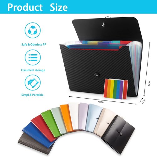 Expanding File Folder - 13 Pocket Accordion Organizer | Aesthetic Black Paper Storage for Home, Office & School