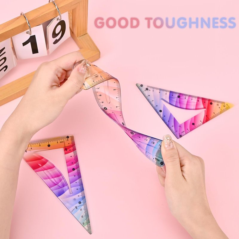 Valtiner 4 Pcs Flexible Rulers Set, Colorful Geometry Kit, Plastic Bendable Shatterproof Soft Rulers, Clear Ruler 20 cm/ 8 Inch, Triangle Rulers and Protractor for Back to School Supplies (8 Inch)