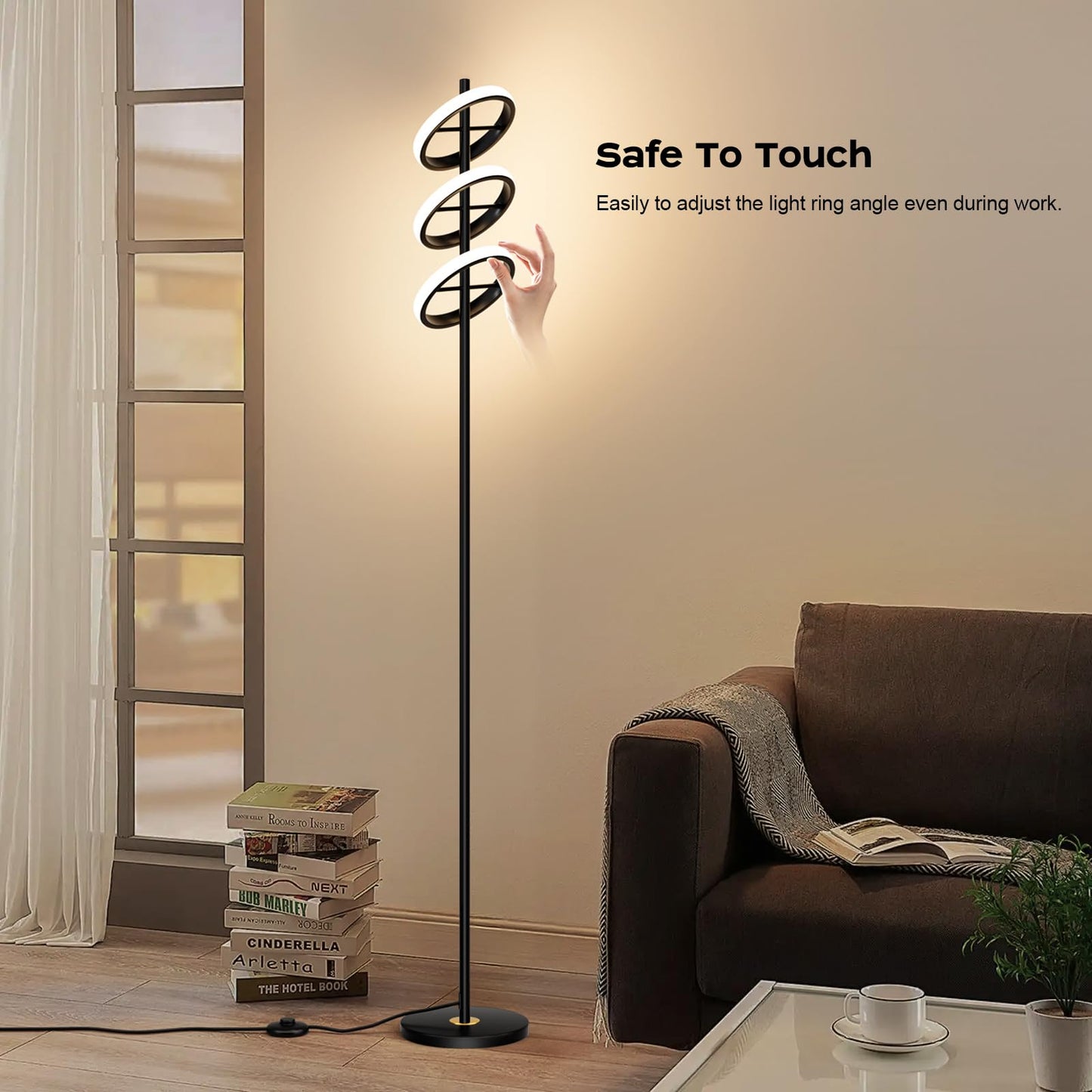 FIGDIFOR Modern LED Floor Lamp - Adjustable 3 Saturn Rings-Contemporary Tall Standing Lamp for Living Room & Office Bedroom Reading-Black