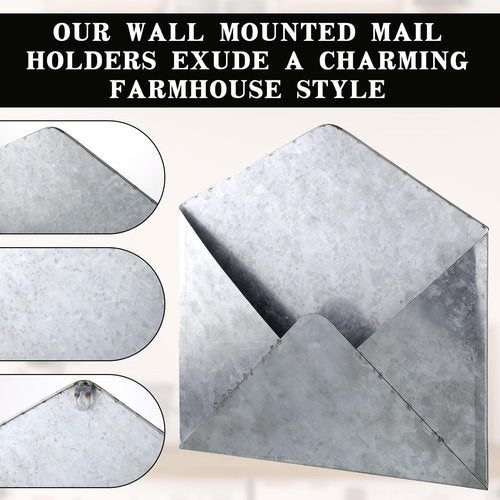Yaocom 2 Pcs Galvanized Metal Envelope, Wall Mount Galvanized Mail Organizer Rustic Wall Holder Farmhouse Pocket for Storage Mail Postcards Letters Bills Home and Office Decor