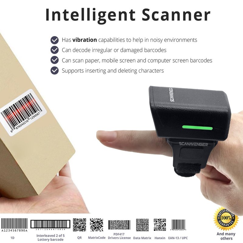ScanAvenger 1D 2D QR Ring Barcode Scanner – Wearable Mini Bluetooth Wireless Finger Reader, USB & 2.4GHz, Compatible with iOS, Android, Windows, for Warehouse, Store & Inventory Use