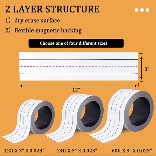 JINGZHAN Dry Erase Magnetic Strips, White Magnet Tape Roll-3 Inch x 60 Feet, Erasable, Labels, Stick On, Writable Magnetic Sheets for Refrigerator, Crafts and Whiteboard