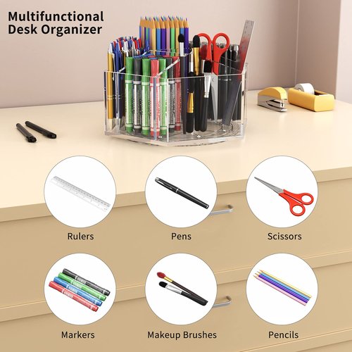 NIUBEE Acrylic Pen Pencil Holder 7 Compartments, Multi-capacity Marker Storage Art Supply Organizer, 360° Rotating Clear Pencil Cup