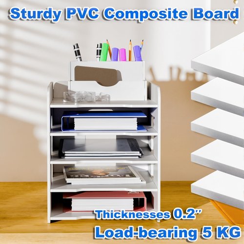 Soulrange 5-Tier Paper Organizer & File Holder for Desk Desktop - Heavy-Duty PVC Storage Rack with Detachable Pen Tray, Office Desk Organizer for Home Office School Classroom