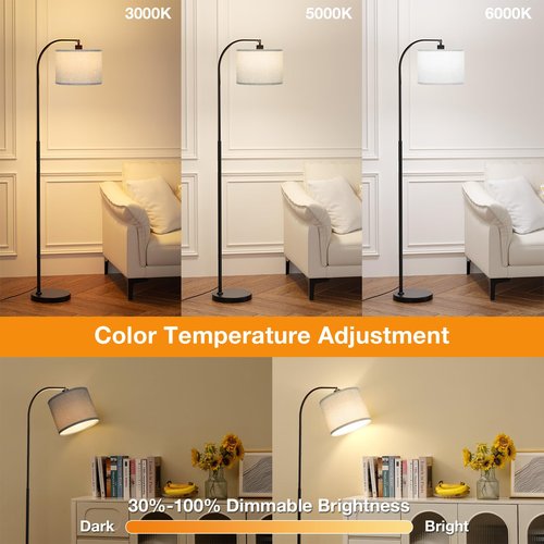 Arc Floor Lamp with Remote and Stepless Dimmable Bulb, Colors Temperature & Brightness Adjustable, Floor Lamps for Living Room(Grey Shade & Black Pole)