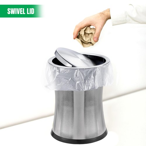 Bennett Swivel-A-Lid Small Trash Can, Stainless Steel Attractive 'Center-Inset' Designed Wastebasket, Modern Home Décor, Round Shape (Silver)