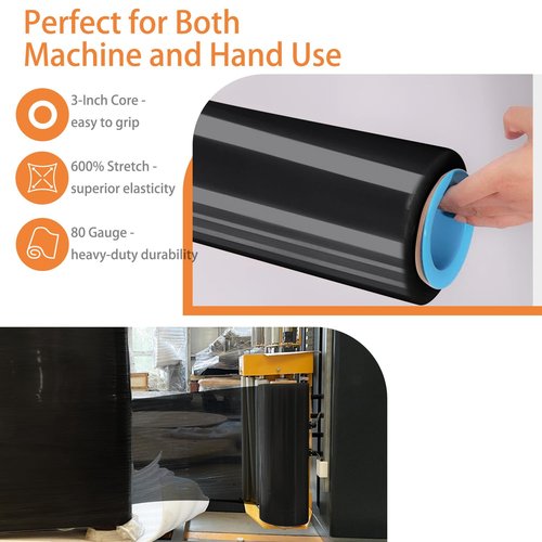 ADAYM 18" x 1500' Stretch/Shrink Wrap Roll (4 Rolls) - Black Plastic Wrap for Moving, Heavy Duty 80 Gauge, 600% Stretch for Packing, Pallets, Shipping&Furniture Protection with Handles
