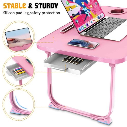 Fayquaze Portable Foldable Laptop Bed Table with Storage Drawer and Cup Holder, Laptop Desk Stand Tray for Eating, Reading and Working